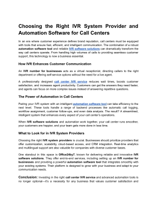 Choosing the Right IVR System Provider and Automation Software for Call Centers