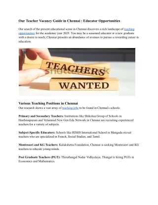 Teacher Vacancy Chennai - Career.contact