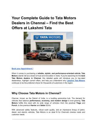 Your Complete Guide to Tata Motors Dealers in Chennai – Find the Best Offers at Lakshmi Tata
