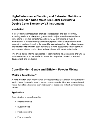 Cone Blender, Cube Mixer, Die Roller Extruder & Double Cone Blender by VJ Instruments