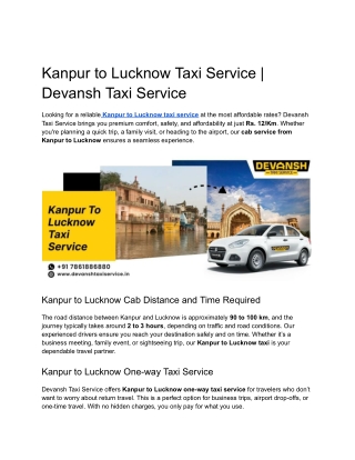 Kanpur to Lucknow Taxi Service _ Devansh Taxi Service