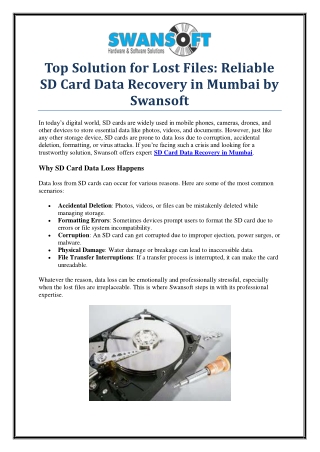 Affordable & Secure SD Card Data Recovery in Mumbai by Swansoft