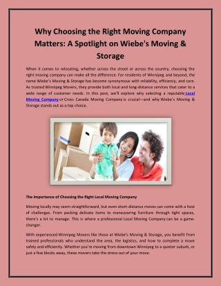 Why Choosing the Right Moving Company Matters: A Spotlight on Wiebe's Moving & S