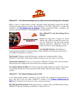AllPanel777 – The Ultimate Battleground for 2025 and the Best Betting Site in Mumbai