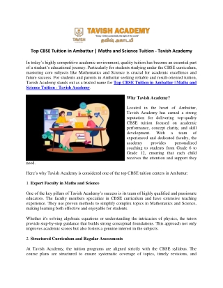 Top CBSE Tuition in Ambattur Maths and Science Tuition - Tavish Academy