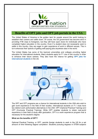 Benefits of OPT jobs and OPT job portals in USA