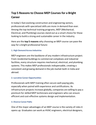 Top 5 Reasons to Choose MEP Courses for a Bright Career