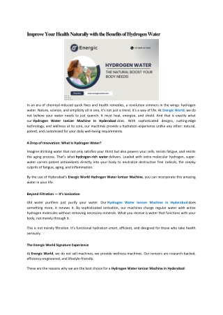 Improve Your Health Naturally with the Benefits of Hydrogen Water - hydrogen alkaline water machine in Hyderabad