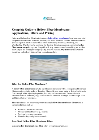 High-Quality Hollow Fiber Membrane for Filtration Systems