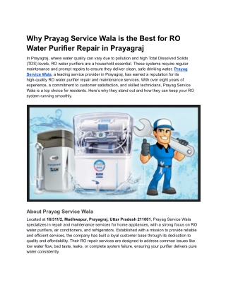 Why Prayag Service Wala is the Best for RO Water Purifier Repair in Prayagraj