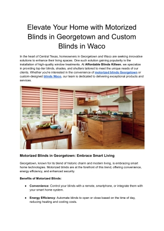 Elevate Your Home with Motorized Blinds in Georgetown and Custom Blinds in Waco
