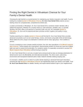 Finding the Right Dentist in Villivakkam Chennai for Your Family’s Dental Health