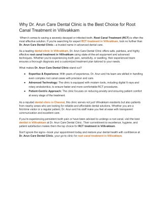 Why Dr. Arun Care Dental Clinic is the Best Choice for Root Canal Treatment in Villivakkam