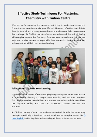 Effective Study Techniques For Mastering Chemistry with Tuition Centre