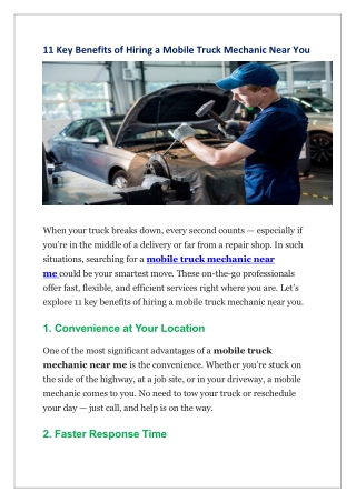 11 Key Benefits of Hiring a Mobile Truck Mechanic Near You