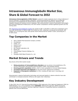 Intravenous Immunoglobulin Market Forecast: Industry Dynamics and Future Scope