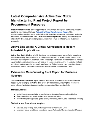 Latest Comprehensive Active Zinc Oxide Manufacturing Plant Project Report by Procurement Resource