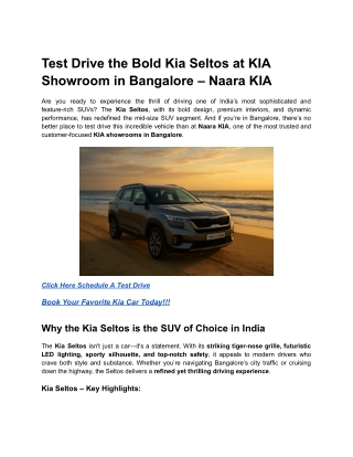 Test Drive the Bold Kia Seltos at KIA Showroom in Bangalore – Naara KIA