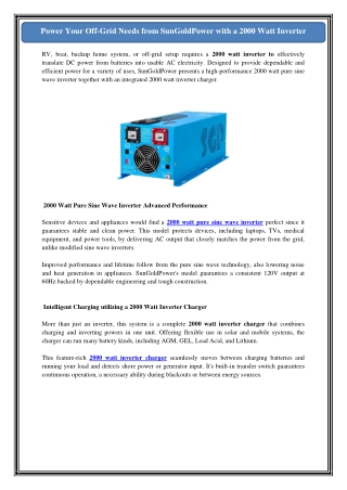 Power Your Off-Grid Needs from SunGoldPower with a 2000 Watt Inverter