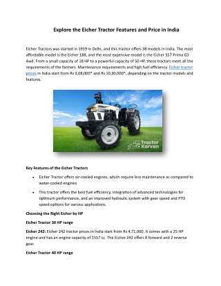 Explore the Eicher Tractor Features and Price in India