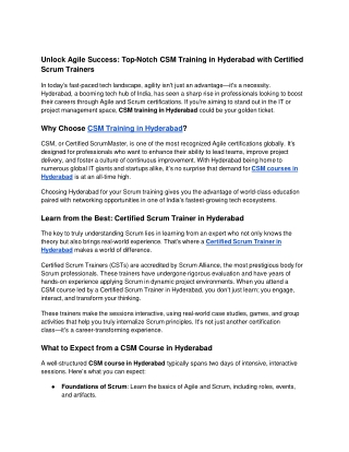 Unlock Agile Success_ Top-Notch CSM Training in Hyderabad with Certified Scrum Trainers