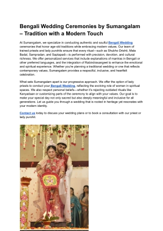 Bengali Wedding Ceremonies by Sumangalam – Tradition with a Modern Touch