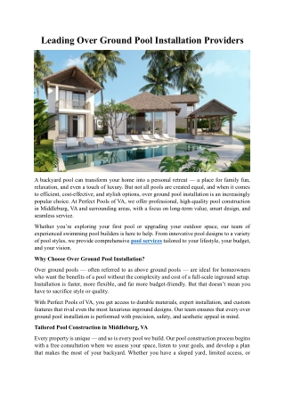 Leading Over Ground Pool Installation Providers