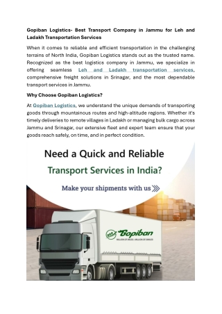 Gopiban Logistics- Best Transport Company in Jammu for Leh and Ladakh Transportation Services