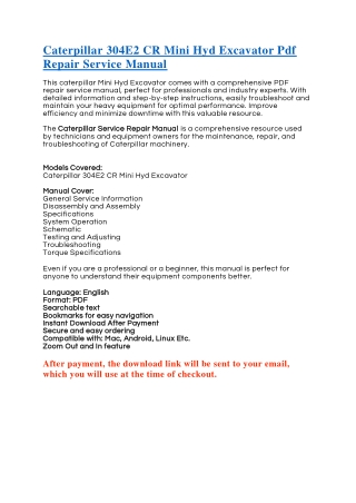 Caterpillar 304E2 CR Mini Hyd Excavator Pdf Repair Service Manual