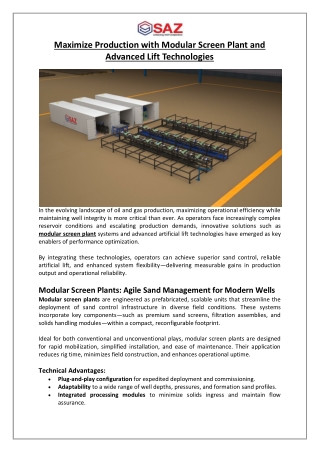 Maximize Production with Modular Screen Plant and Advanced Lift Technologies