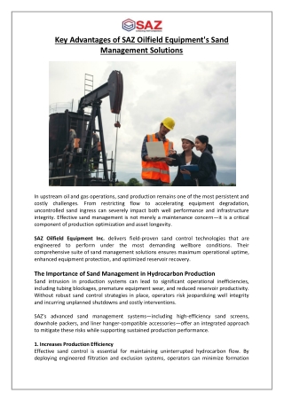 Key Advantages of SAZ Oilfield Equipment's Sand Management Solutions