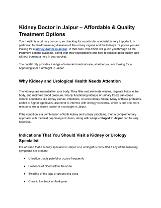 Kidney Doctor in Jaipur – Affordable & Quality Treatment Options