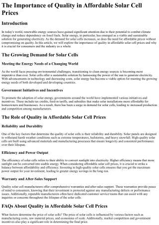 The Importance of Quality in Affordable Solar Cell Prices