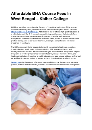 Affordable BHA Course Fees In West Bengal – Kbihar College