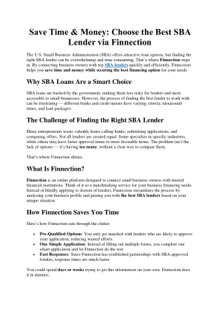 Save Time & Money Choose the Best SBA Lender via Finnection