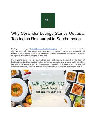 Why Coriander Lounge Stands Out as a Top Indian Restaurant in Southampton