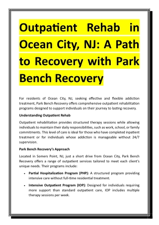 Outpatient Rehab in Ocean City, NJ - A Path to Recovery with Park Bench Recovery