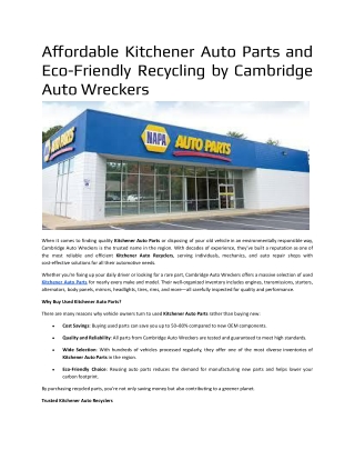 Affordable Kitchener Auto Parts and Eco-Friendly Recycling by Cambridge Auto Wreckers