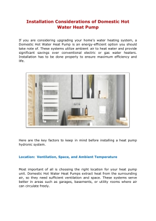 Installation Considerations of Domestic Hot Water Heat Pump