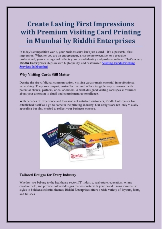Professional Visiting Cards Printing Services In Mumbai by Riddhi Enterprises