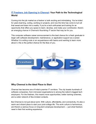 IT Job Vacancy in Chennai for Freshers Career.contact