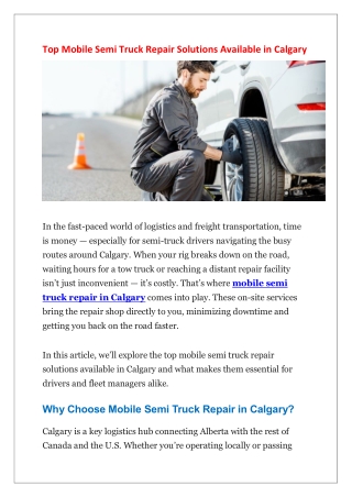 Top Mobile Semi Truck Repair Solutions Available in Calgary