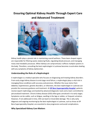 Ensuring Optimal Kidney Health Through Expert Care and Advanced Treatment