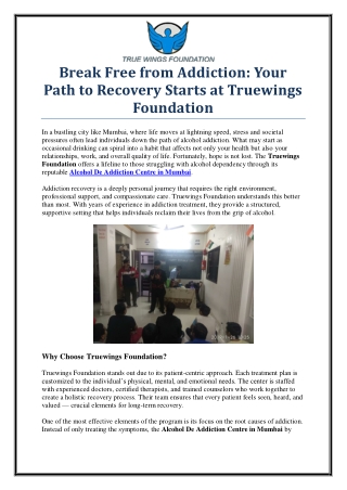Reliable Alcohol De Addiction Centre in Mumbai – Truewings Foundation