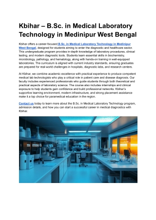 Kbihar – B.Sc. in Medical Laboratory Technology in Medinipur West Bengal