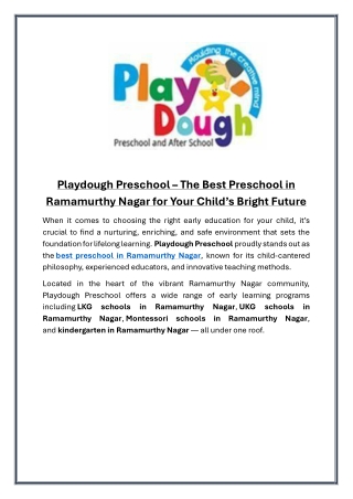 Playdough Preschool  The Best Preschool in Ramamurthy Nagar for Your Child’s Bright Future