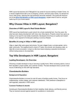 Leading Villa Developers in Hsr Layout Bangalore