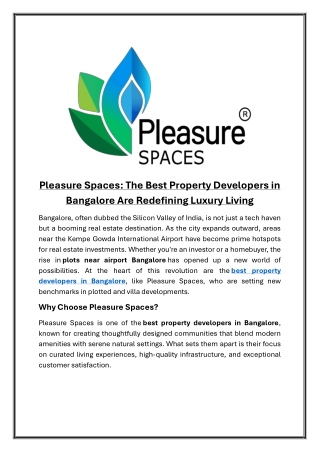 Pleasure Spaces The Best Property Developers in Bangalore Are Redefining Luxury Living