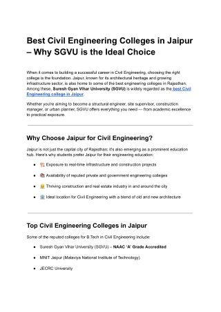 Best Civil Engineering Colleges in Jaipur – Why SGVU is the Ideal Choice