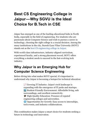 Best CS Engineering College in Jaipur — Why SGVU is the Ideal Choice for B
